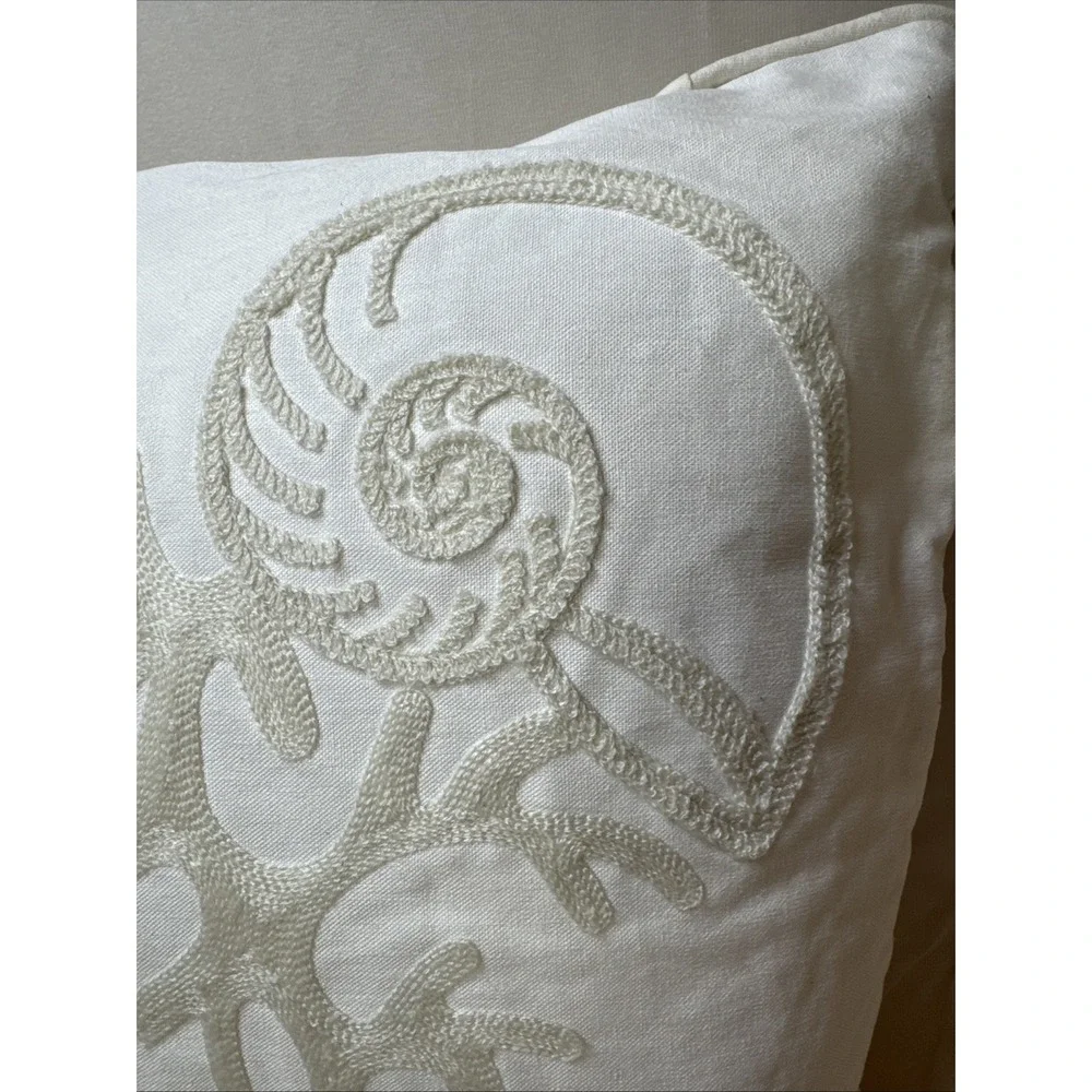 Neutral Embroidered Coastal Shell‎ Coral Pillow VGUC White Duck Feather Fill